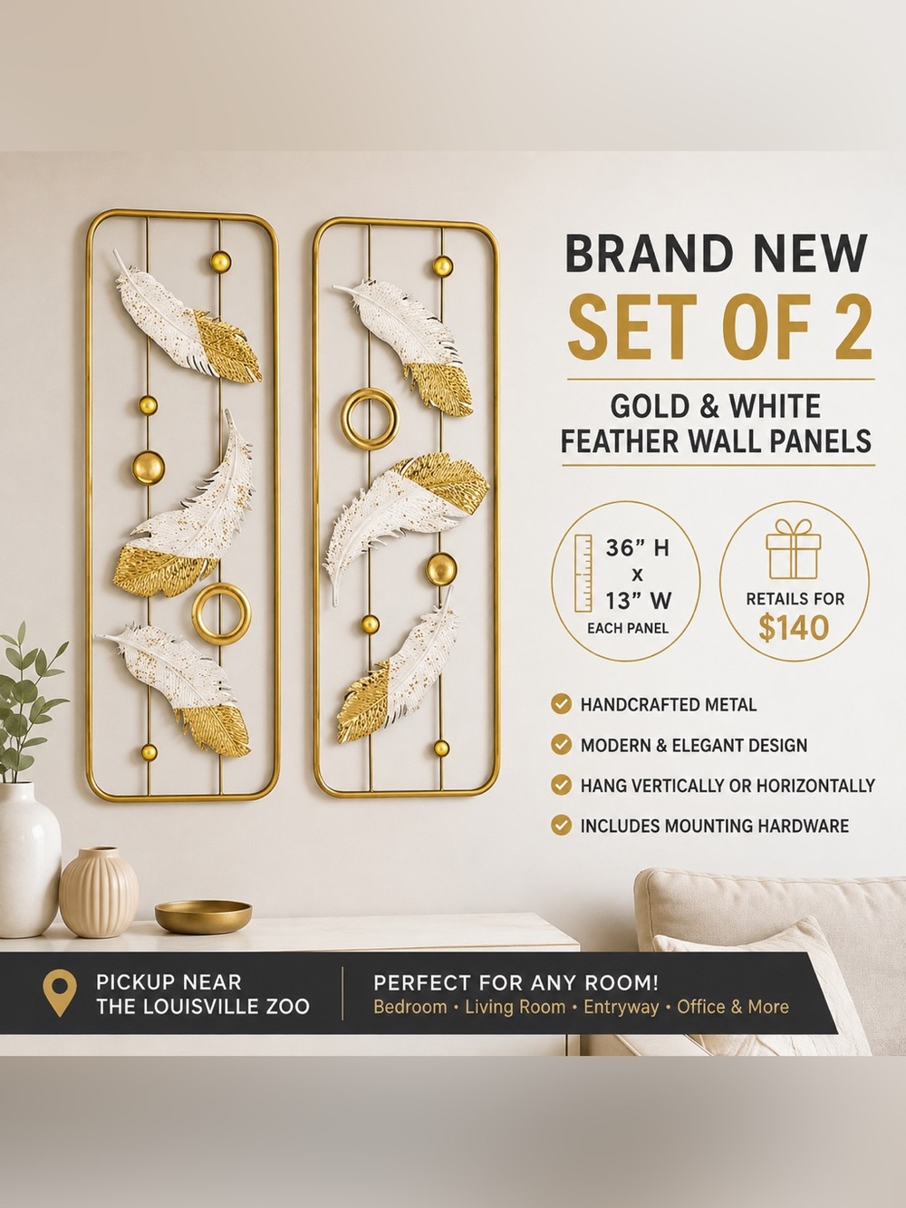 ✨ BRAND NEW – Set of 2 Gold & White Feather Wall Panels | 36” x 13” Each ✨